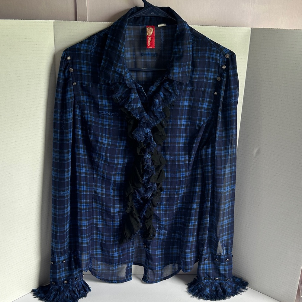 Apple Bottoms Women's Very Detailed Blue Plaid Ruffle, See-Through Blouse L.